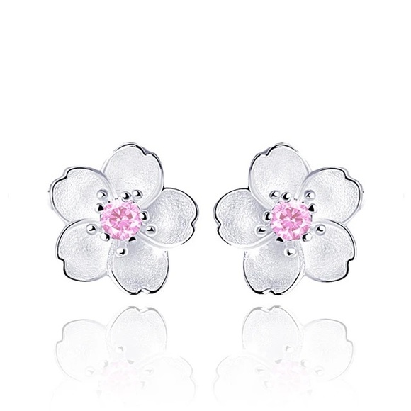 925 Sterling Silver Petite Cherry Blossom Sakura Silver Flowers Pink Diamanté - Picture 4 of 5